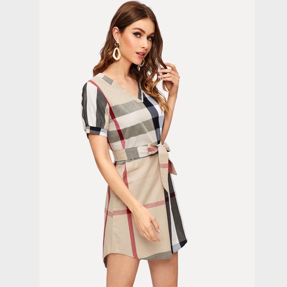 Plaid Belted Shirt Dress Short V-Neck Nude Black - Picture 3 of 8